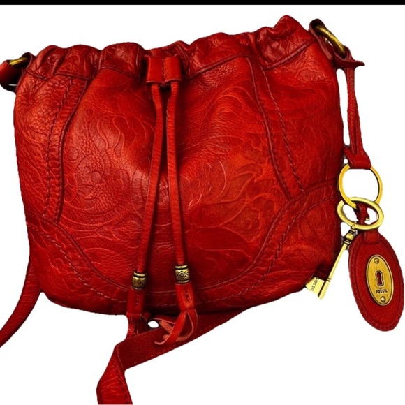 Fossil Handbags - Fossil VTG Talita drawstring Crossbody Hobo bag Tooled Genuine Rust Red Leather